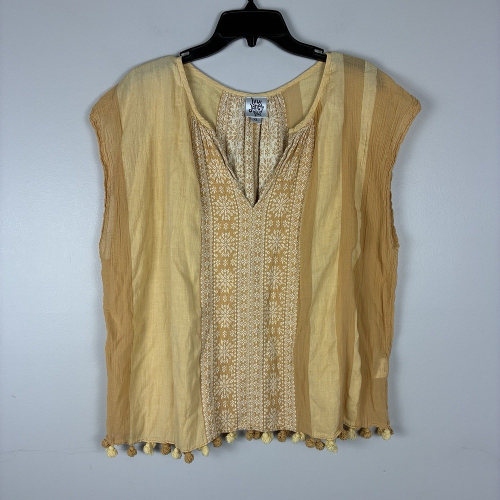 ivy jane Yellow and Tan Boho Embroidered Pom-Pom Blouse